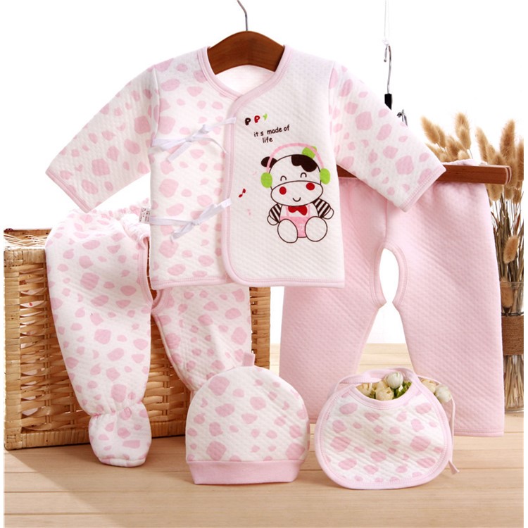 5-in-1 Newborn 0-3M Girls Boys Baby Cotton Clothes Tops Hat Pants Sleepwear Suit Outfit Set - Calf / Pink-1