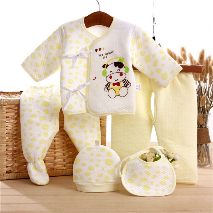 5-in-1 Newborn 0-3M Boys Girls Baby Soft Cotton Clothes Tops Hat Pants Sleepwear Suit Outfit Set - Calf / Yellow-1