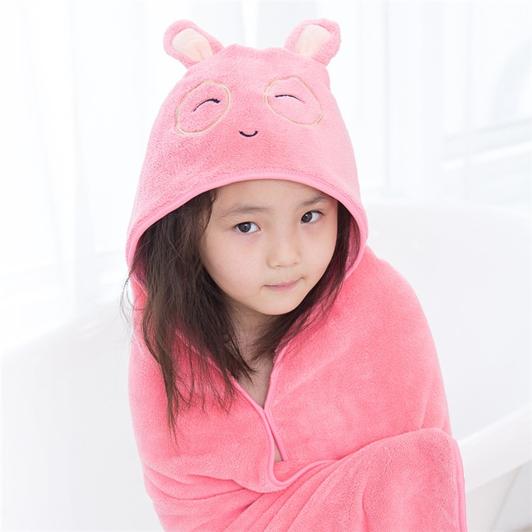 Cute Cartoon Pattern Baby Hooded Bath Towel Soft Coral Velvet Towel Cloak - Pink Rabbit-1