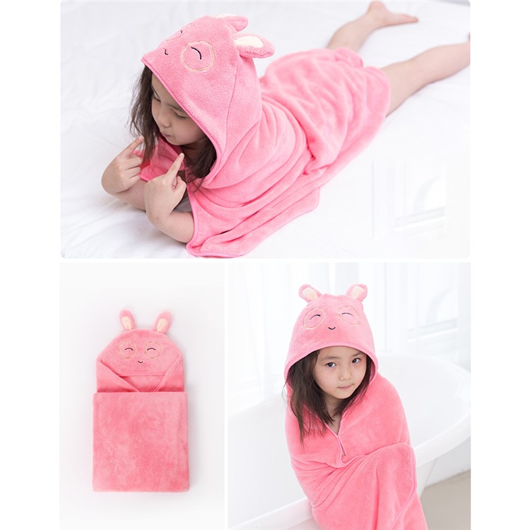 Cute Cartoon Pattern Baby Hooded Bath Towel Soft Coral Velvet Towel Cloak - Pink Rabbit-2