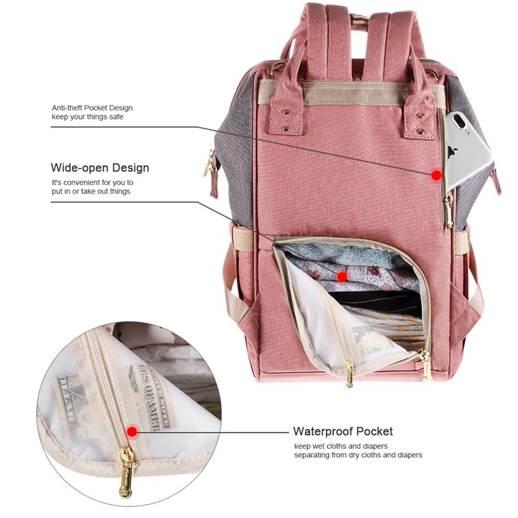 Large Capacity Maternity Bag Nappy Diaper Bag Multi-functional Mummy Backpack - Pink / Grey-2