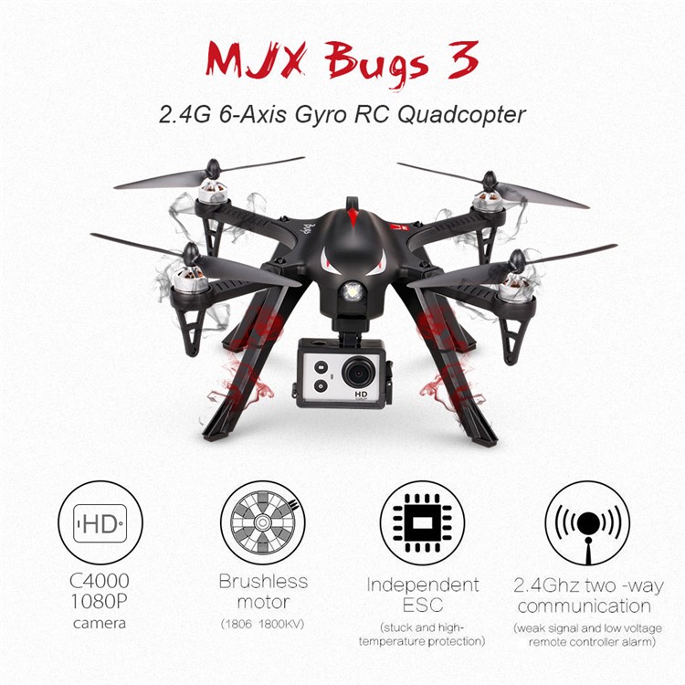 MJX B3 Bugs 3 Brushless 2.4G 6-Axis Gyro RC Drone with C4000 1080P HD Sports Camera - US Plug-1
