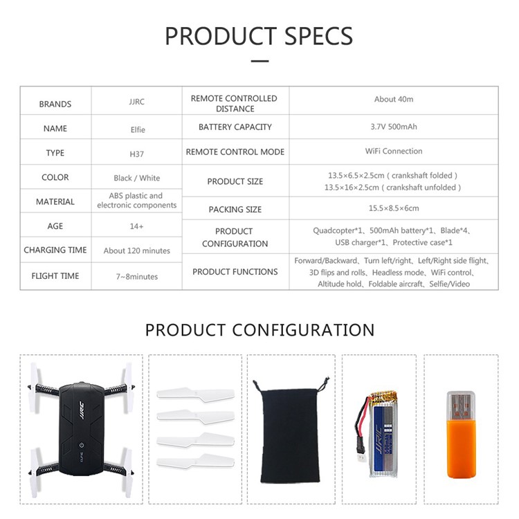 JJRC H37 ELFIE Falttasche Selfie Drone RC Quadcopter mit WiFi FPV 720P Kamera Höhe Hold-7