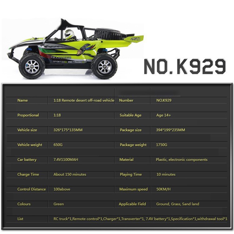 WLTOYS K929 1:18 50km/h High-speed Desert 4WD Off-Road Vehicle RC Car Toy - Green / EU Plug-7