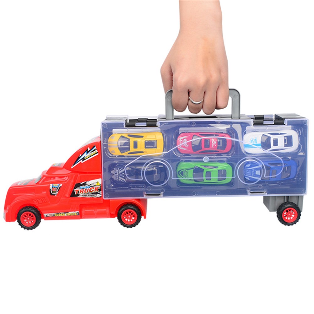 Transport Car Carrier Truck Toy Container Truck with 6 Mini Stylish Metal Racing Cars and Two Slide Tracks - Red-3