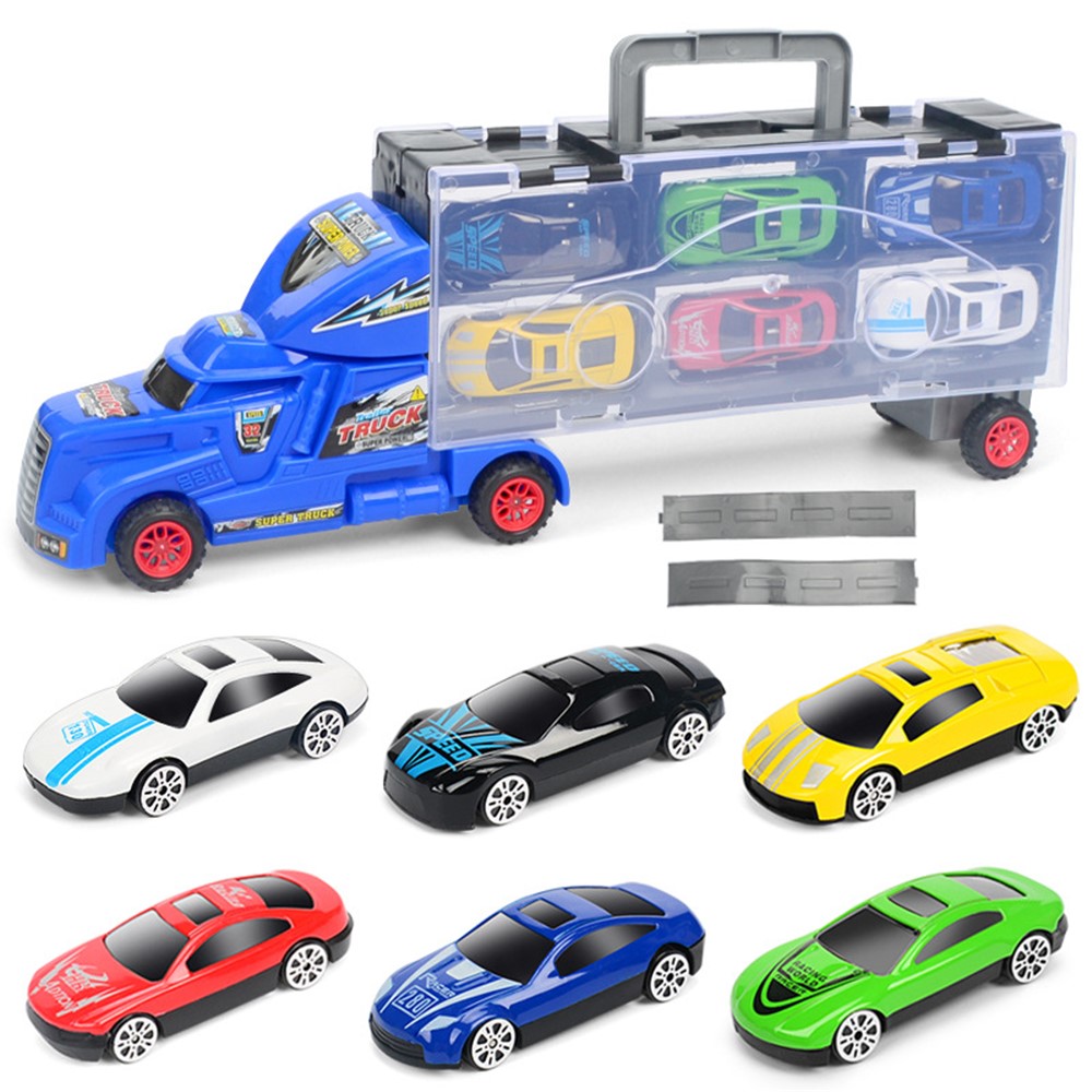 Kid's Container Truck Transport Car Carrier Truck with 6 Mini Stylish Metal Racing Cars and Two Slide Tracks - Blue-1