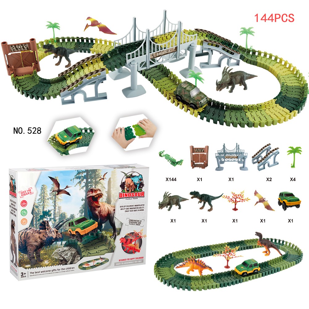 144 STÜCKE 528 Dinosaurier Track Rennwagen Set Montage Blöcke Ton Licht Wirkung Kinder Spielzeug-1