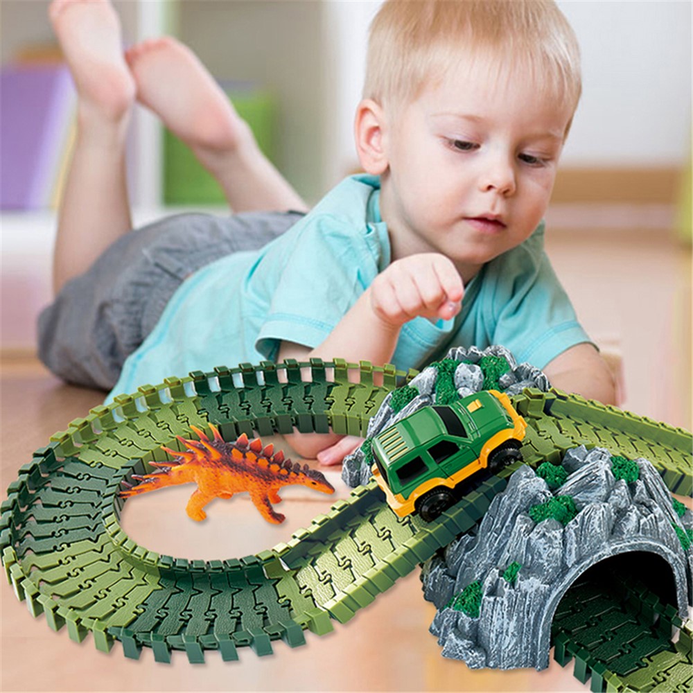144 STÜCKE 528 Dinosaurier Track Rennwagen Set Montage Blöcke Ton Licht Wirkung Kinder Spielzeug-2