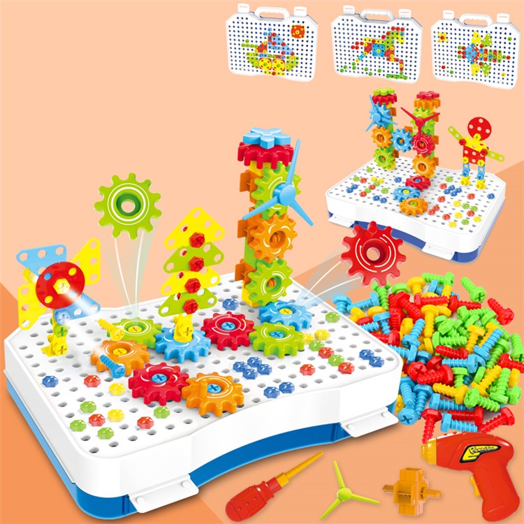 Children Electric Drill Screwing Block Assembly Combination Toys Disassemble Screw Nut Tool Box-3