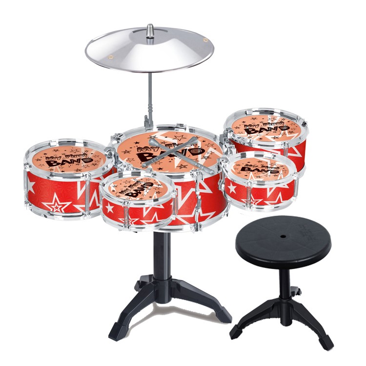 10 Pieces Kids Jazz Drum Set Musical Toy with 5 Drums Chair Cymbal Drumsticks - Red Stars-1