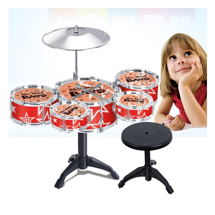 10 Pieces Kids Jazz Drum Set Musical Toy with 5 Drums Chair Cymbal Drumsticks - Red Stars-2