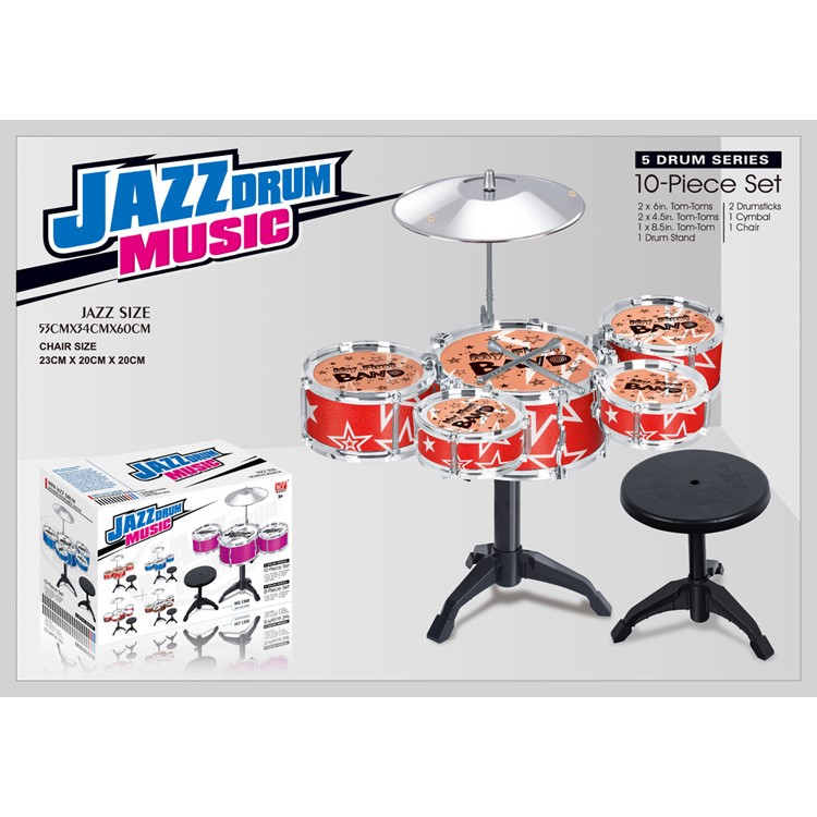 10 Pieces Kids Jazz Drum Set Musical Toy with 5 Drums Chair Cymbal Drumsticks - Red Stars-3
