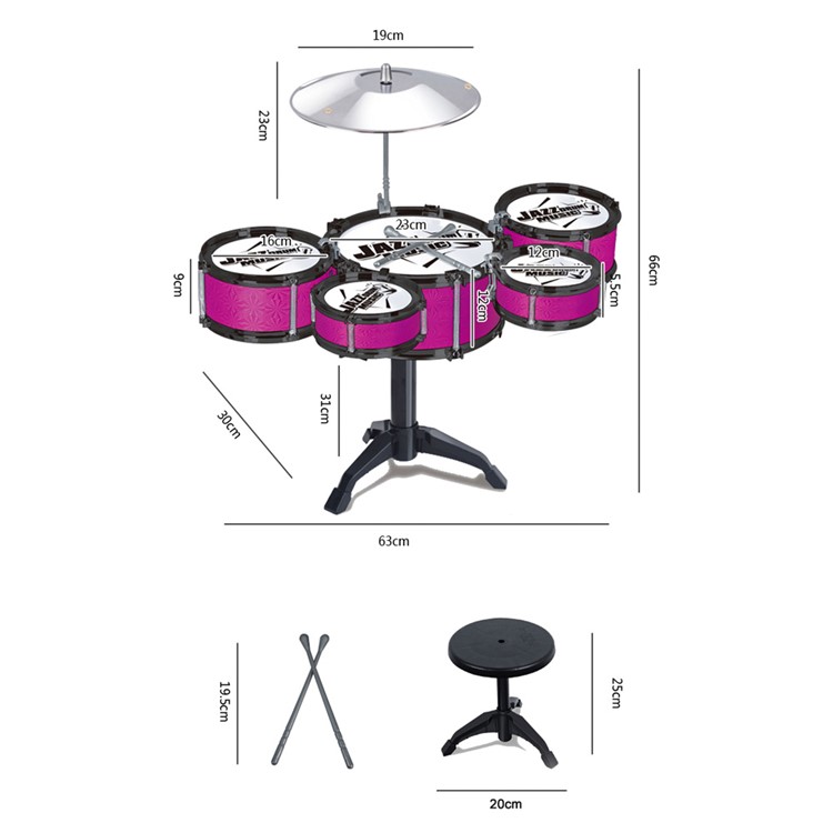 10 Pieces Kids Jazz Drum Set Musical Toy with 5 Drums Chair Cymbal Drumsticks - Red Stars-4
