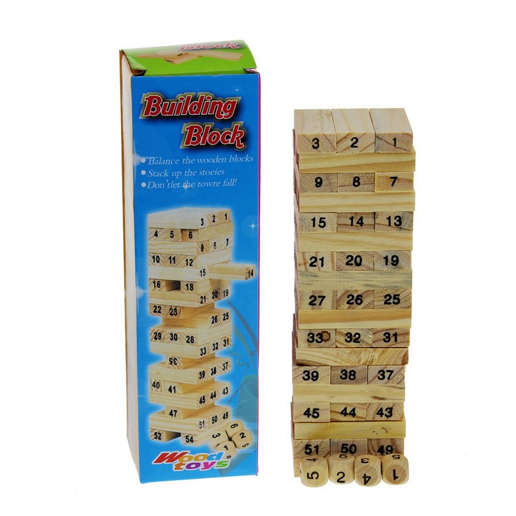 54 Piece Natural Wood Color Jenga Timber Tower Wood Block Stacking Game-9