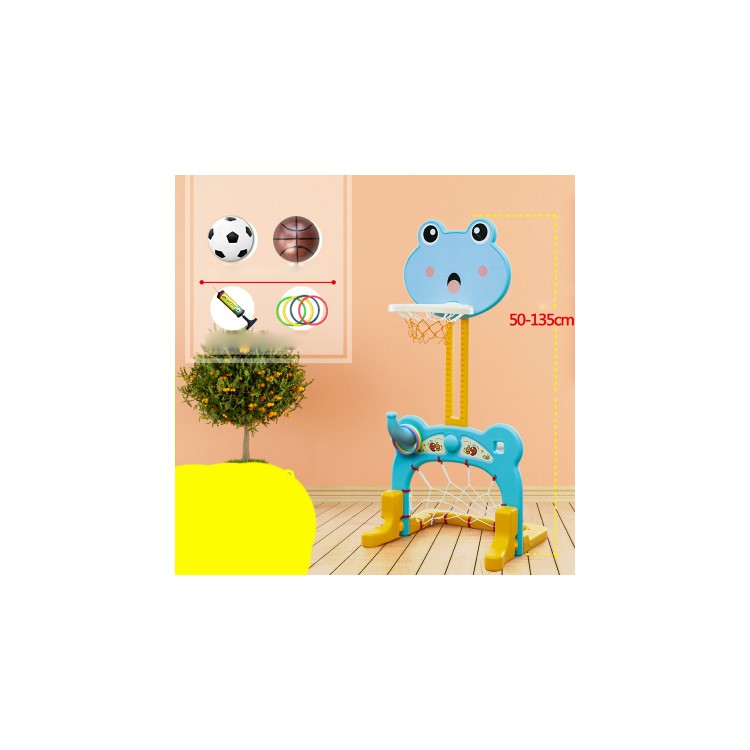 Height Adjustable Basketball Stand + Soccer Goal Pool + Throw Ring Toss 3-in-1 Toy for Kids - Green Frog-10