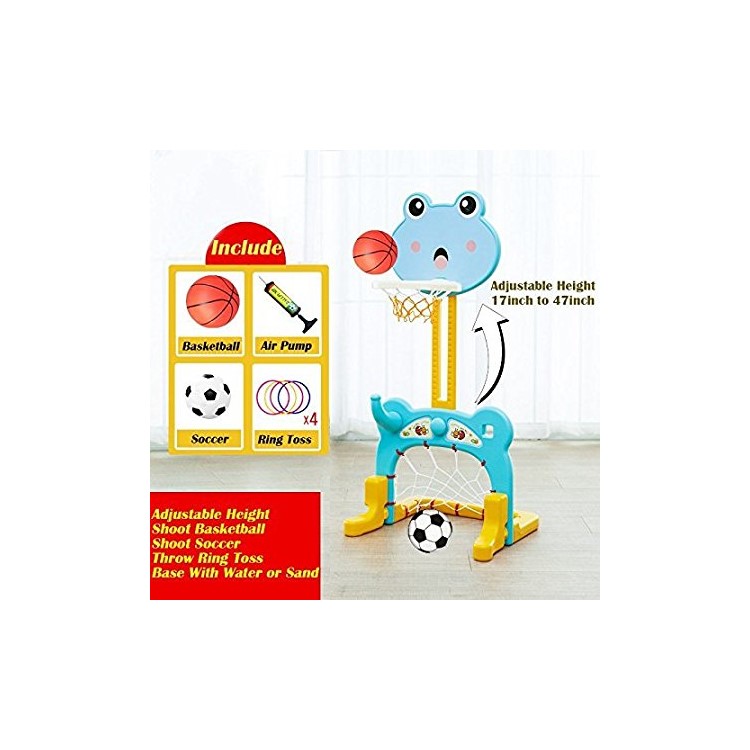 Height Adjustable Basketball Stand + Soccer Goal Pool + Throw Ring Toss 3-in-1 Toy for Kids - Green Frog-2