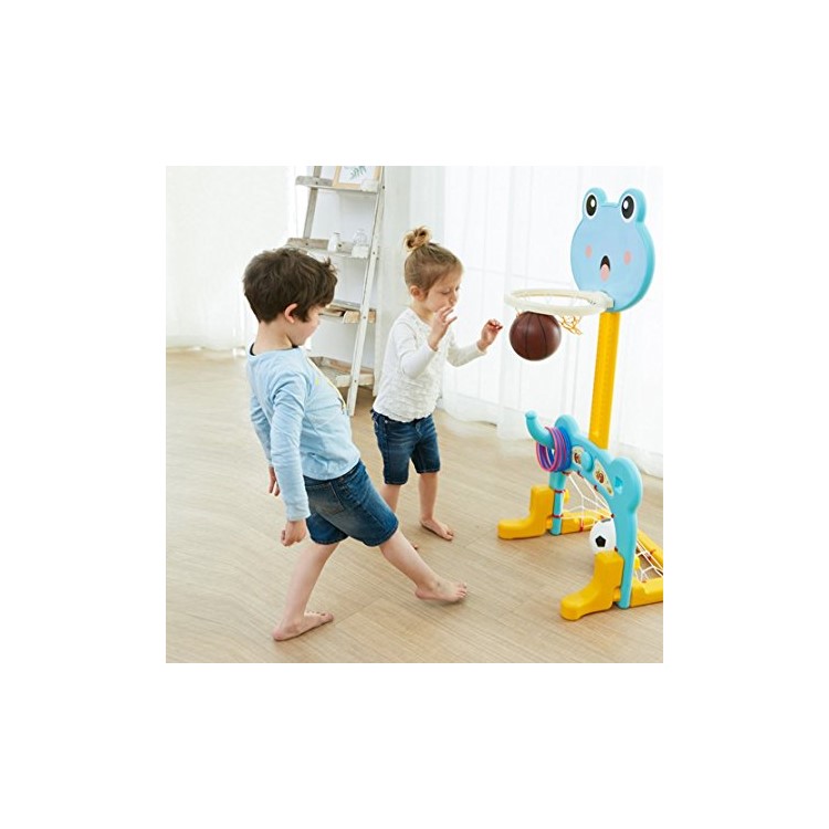 Height Adjustable Basketball Stand + Soccer Goal Pool + Throw Ring Toss 3-in-1 Toy for Kids - Green Frog-3