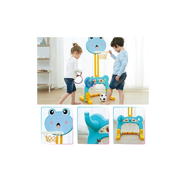 Height Adjustable Basketball Stand + Soccer Goal Pool + Throw Ring Toss 3-in-1 Toy for Kids - Green Frog-4