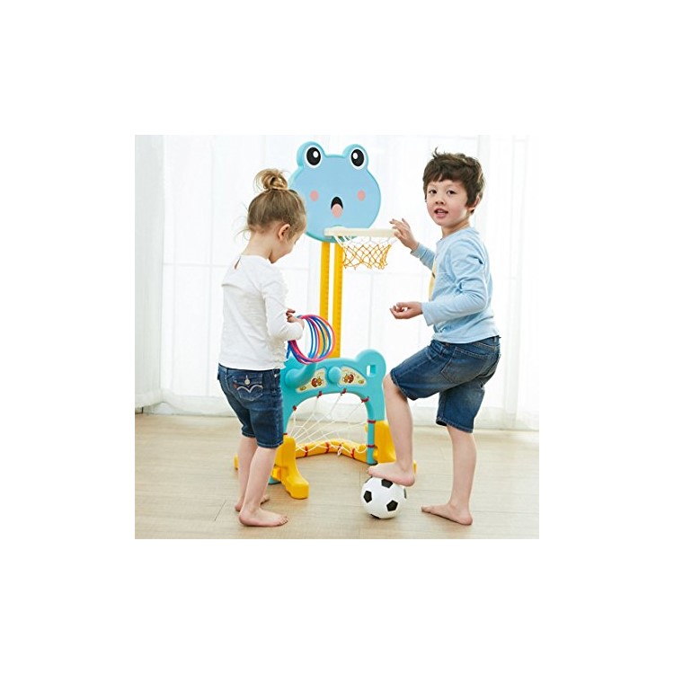 Height Adjustable Basketball Stand + Soccer Goal Pool + Throw Ring Toss 3-in-1 Toy for Kids - Green Frog-5