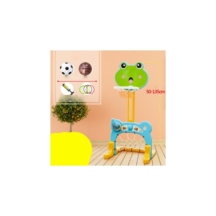 Height Adjustable Basketball Stand + Soccer Goal Pool + Throw Ring Toss 3-in-1 Toy for Kids - Green Frog-6