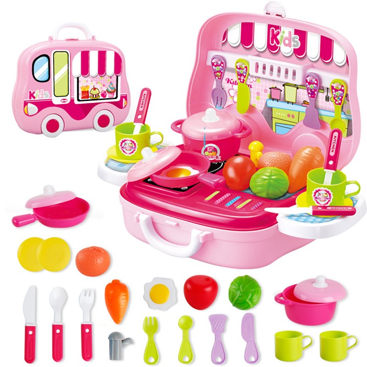 25Pcs Children Play House Game Toy Artificial Kitchen Suitcase Toy Set Mini Learn Cooking Toy - Pink-1