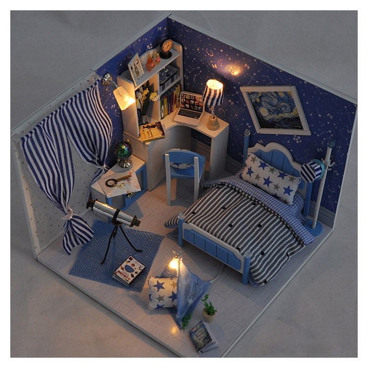 DIY Assembled Wooden Starry Sky Dollhouse Kids Toy with LED Light Dust Cover-1