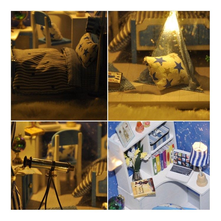 DIY Assembled Wooden Starry Sky Dollhouse Kids Toy with LED Light Dust Cover-2