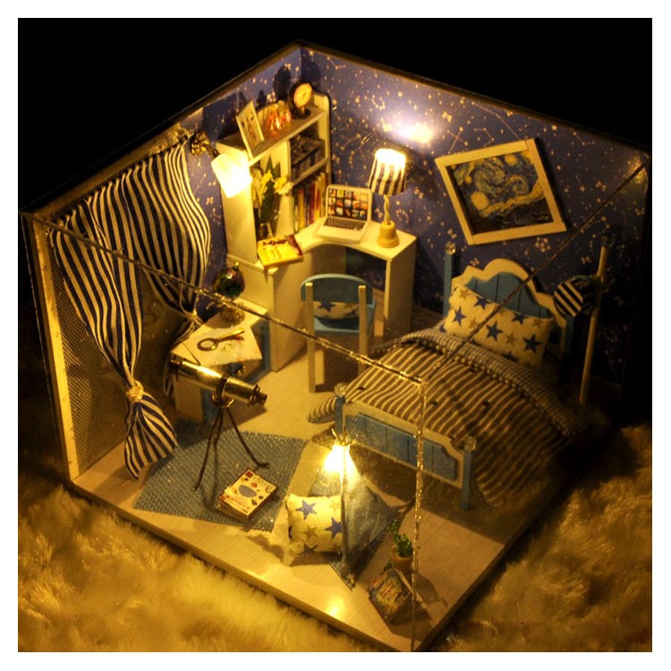 DIY Assembled Wooden Starry Sky Dollhouse Kids Toy with LED Light Dust Cover-3