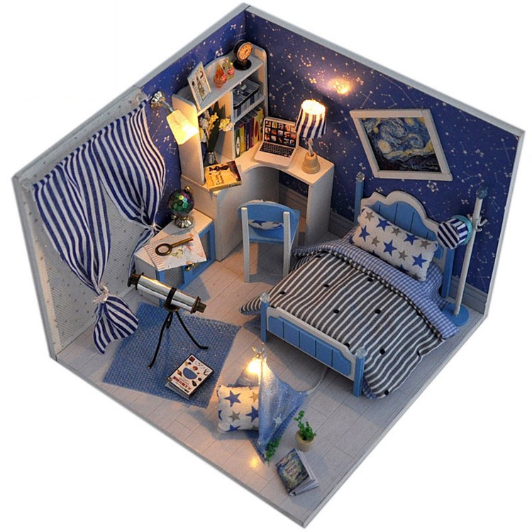 DIY Assembled Wooden Starry Sky Dollhouse Kids Toy with LED Light Dust Cover-4