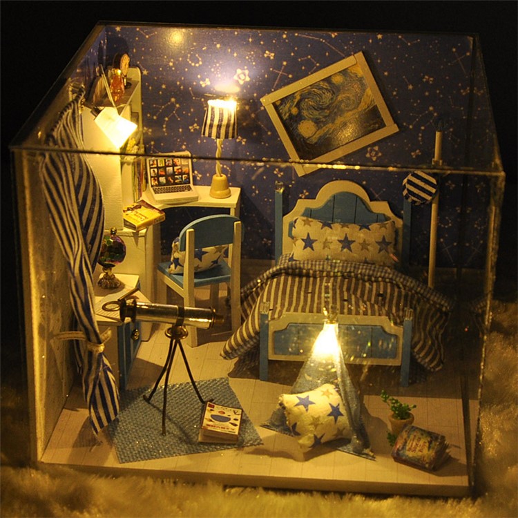 DIY Assembled Wooden Starry Sky Dollhouse Kids Toy with LED Light Dust Cover-5