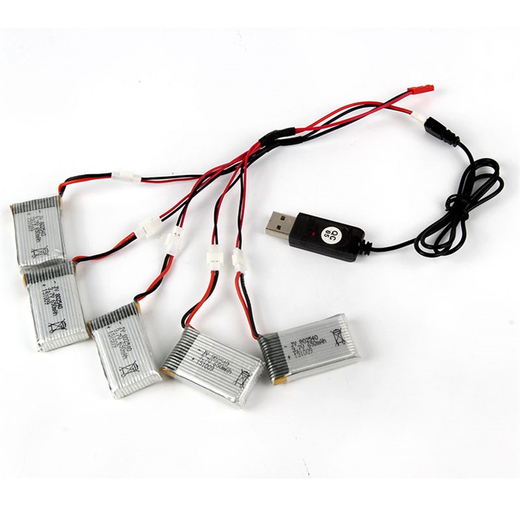 5PCS 3.7V 650mAh Li-Po Battery with 2-to-5 Connecting Cable and USB Cable for LIDIRC L15W/L15FW / SYMA X5C/X5SC/X5SW-4