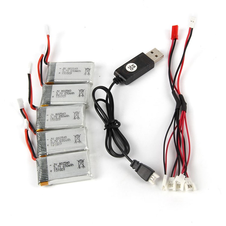5PCS 3.7V 650mAh Li-Po Battery with 2-to-5 Connecting Cable and USB Cable for LIDIRC L15W/L15FW / SYMA X5C/X5SC/X5SW-5