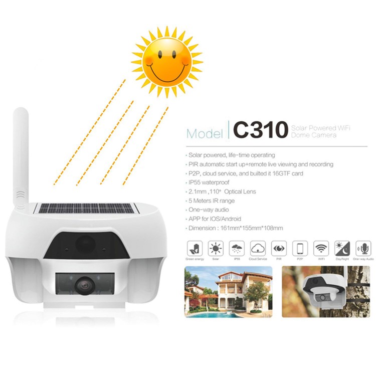 FREECAM Solar Powered Wireless WiFi Security Camera 720P IP55 Waterproof IP Network Web Cam - White-4
