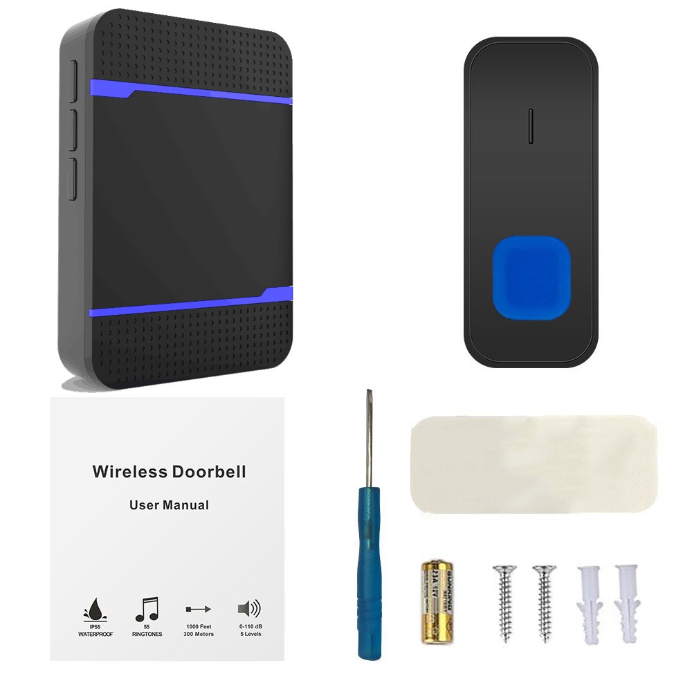 N15K-B IP55 Waterproof Wireless Doorbell Kit Transmitter + 2 Receivers Doll Bell with 55 Chimes 5 Level Volume for Home - Black / EU Plug