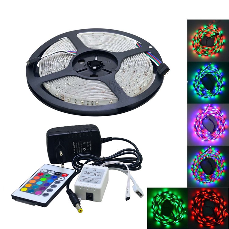 JIAWEN Waterproof 5M 300 x 3528 SMD RGB LED Flexible Strip Light with 24 Key Remote Controller and 2A Power Supply Adapter - EU Plug-1