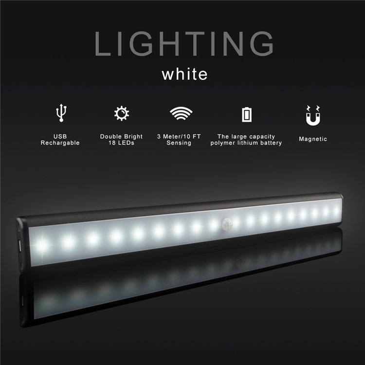 18-LED Motion Sensing Cabinet Light USB Rechargeable Magnetic Stick-on LED Light Bar - Black-1