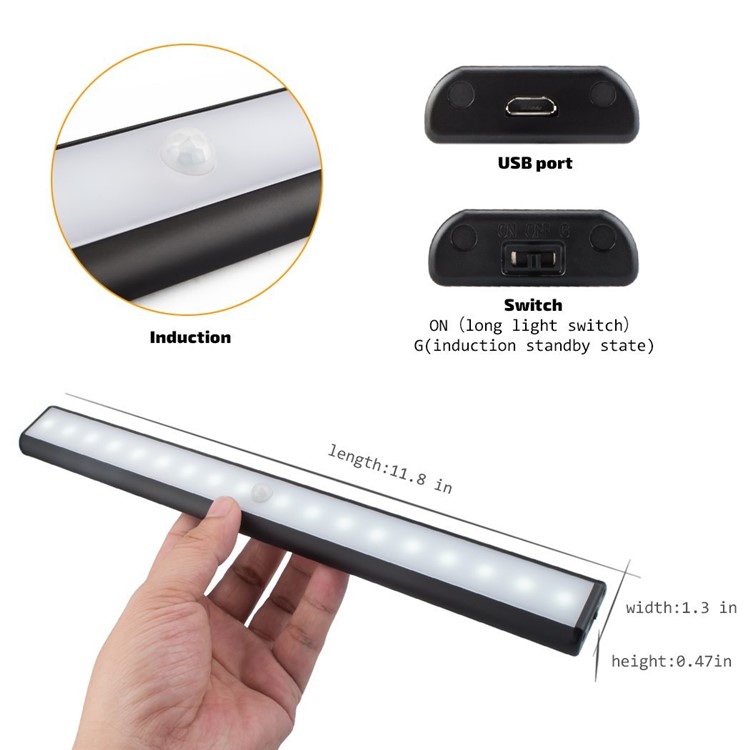 18-LED Motion Sensing Cabinet Light USB Rechargeable Magnetic Stick-on LED Light Bar - Black-5