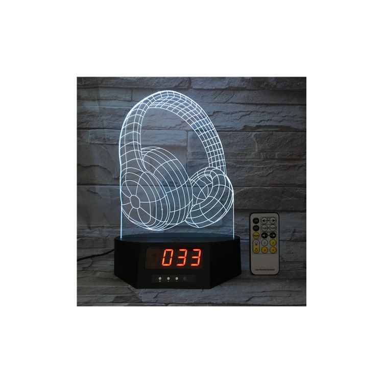 SZ033 Headphone Pattern 3D Illusion Lamp Color Changing Desk Night Light with Clock-7