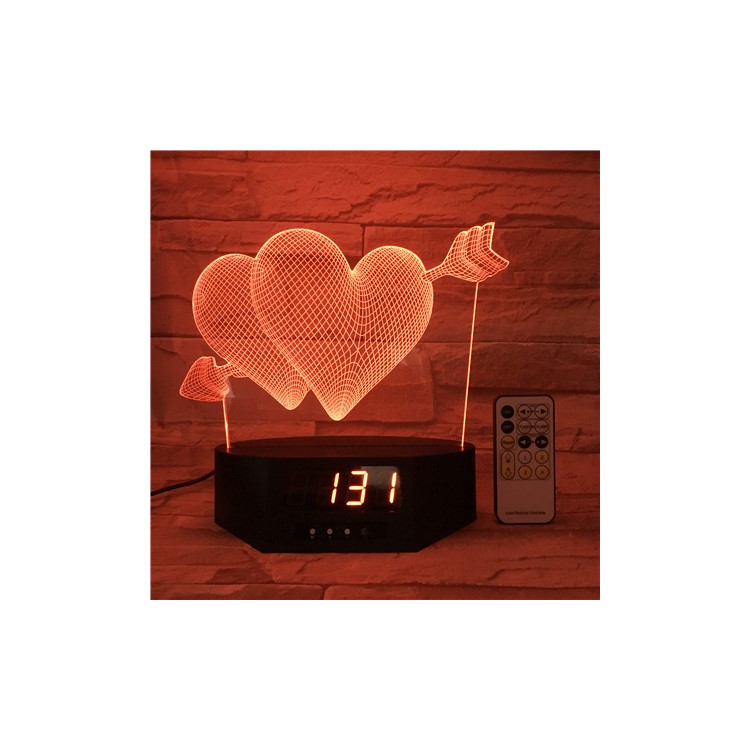 3D Remote Control Piercing Heart Clock LED Night Light Touch Control 7 Color Change-1