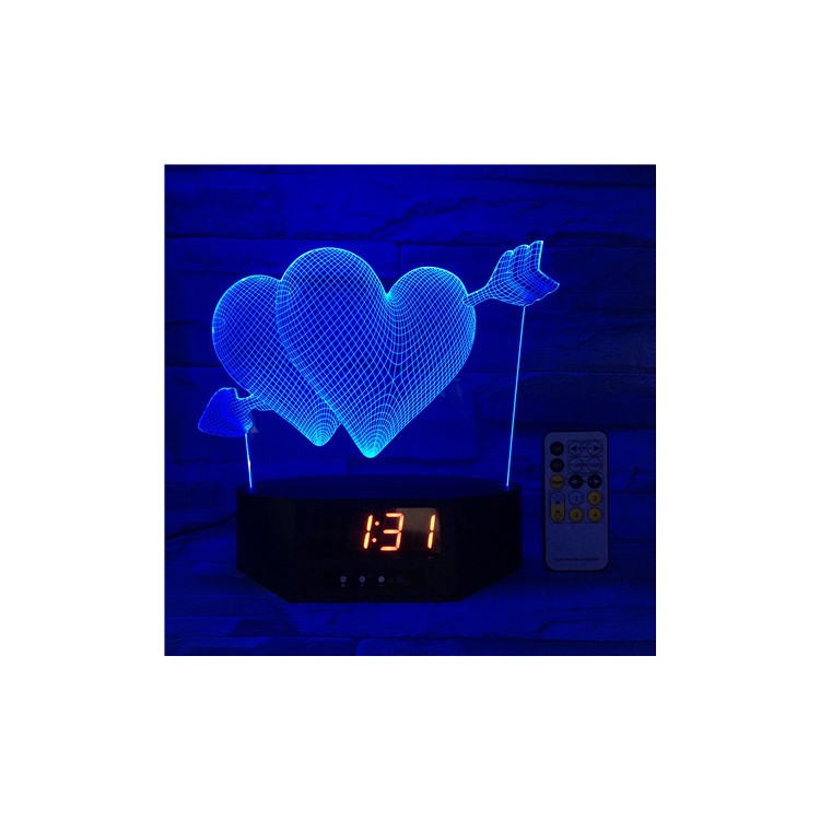 3D Remote Control Piercing Heart Clock LED Night Light Touch Control 7 Color Change-3