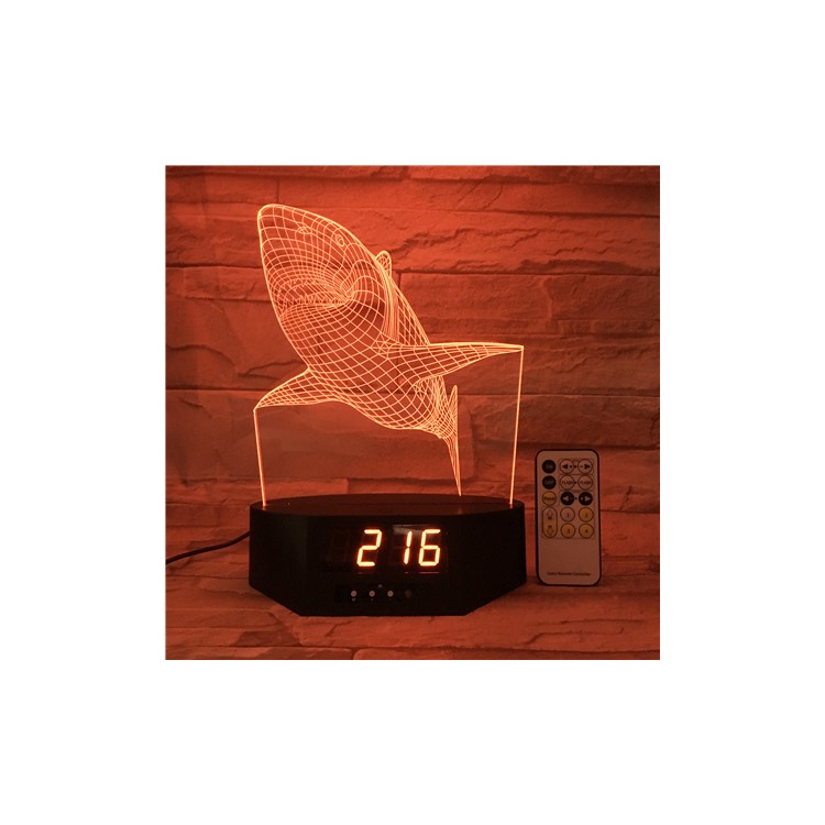 SZ073 White Shark Pattern 3D LED Night Table Light Illusion Lamp Color Changing Desk Light with Clock-1