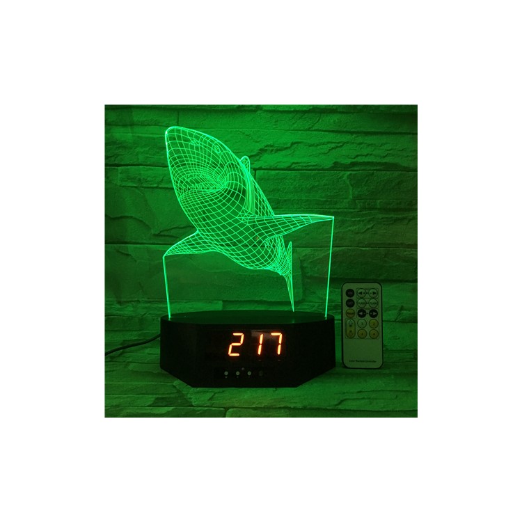 SZ073 White Shark Pattern 3D LED Night Table Light Illusion Lamp Color Changing Desk Light with Clock-2