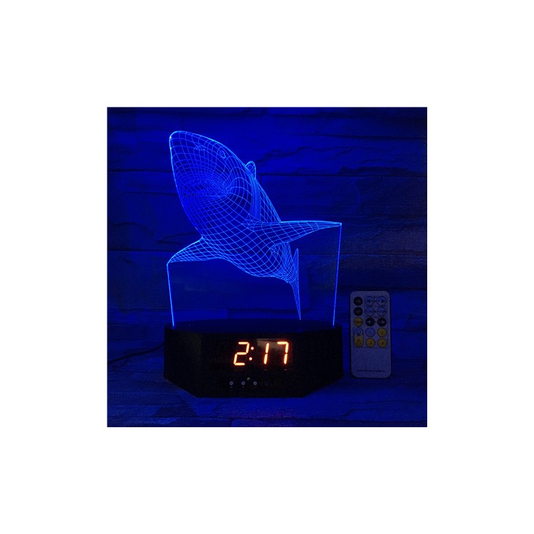 SZ073 White Shark Pattern 3D LED Night Table Light Illusion Lamp Color Changing Desk Light with Clock-3
