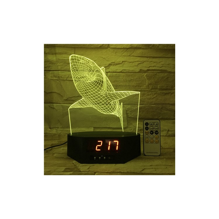 SZ073 White Shark Pattern 3D LED Night Table Light Illusion Lamp Color Changing Desk Light with Clock-4