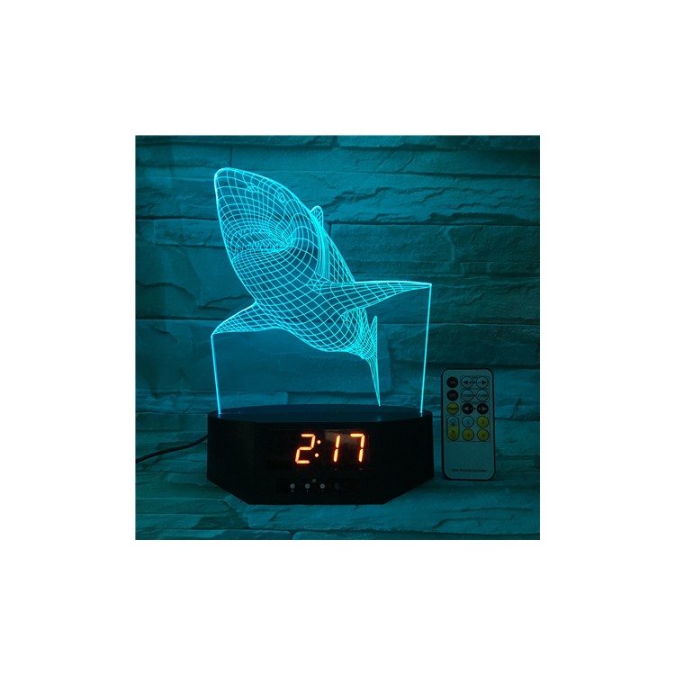 SZ073 White Shark Pattern 3D LED Night Table Light Illusion Lamp Color Changing Desk Light with Clock-5