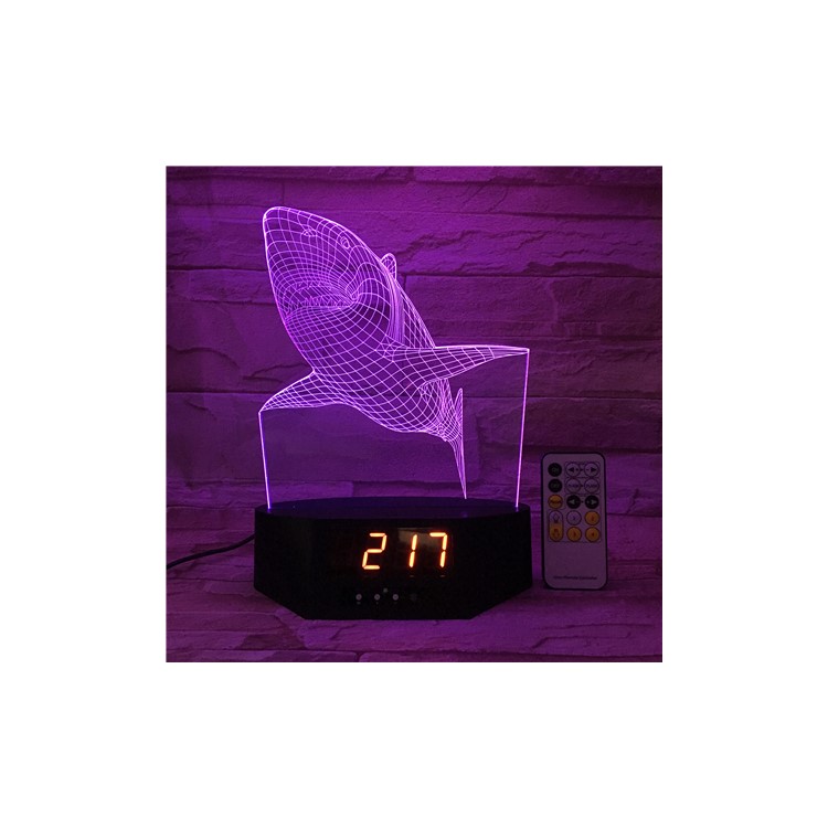SZ073 White Shark Pattern 3D LED Night Table Light Illusion Lamp Color Changing Desk Light with Clock-6