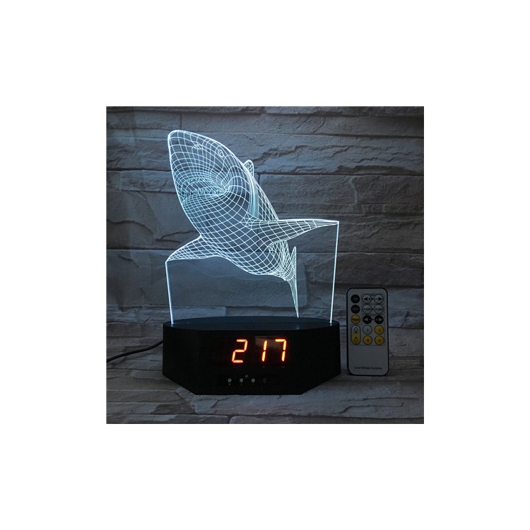 SZ073 White Shark Pattern 3D LED Night Table Light Illusion Lamp Color Changing Desk Light with Clock-7