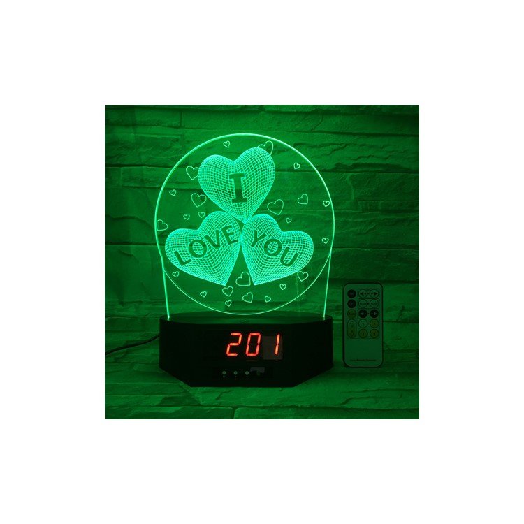 I LOVE YOU Heart Pattern 7 Colors Changing 3D Nightlight Alarm Clock with Remote Control-2