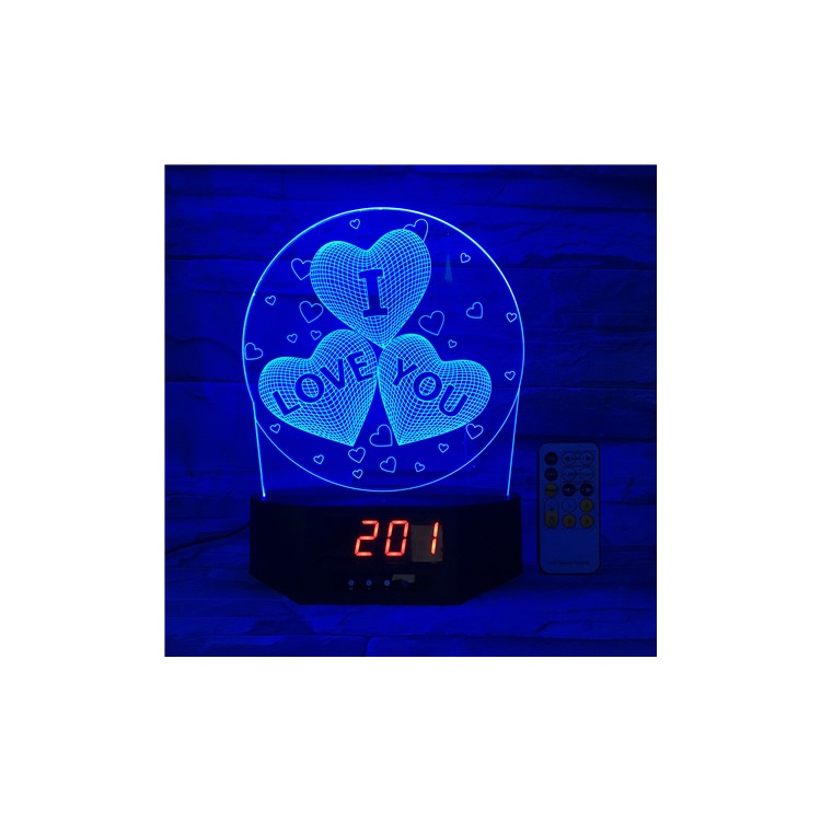 I LOVE YOU Heart Pattern 7 Colors Changing 3D Nightlight Alarm Clock with Remote Control-3