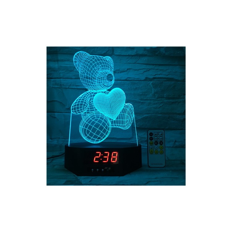 SZ136 Lovely 3D Bear Love Heart 3D Illusion Lamp Remote Control Color Changing Night Light with Clock-1